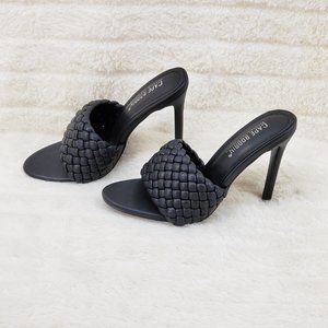 Slip On Black Open Toe Puff Weave Strap High Heel Clogs Mules Slides Anson